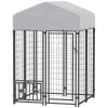 PawHut Welded Wire Outdoor Dog Kennel with 360Â° Rotating & 4 Levels Adjustable Bowls, Waterproof Cover, 3.9' x 3.9' x 6